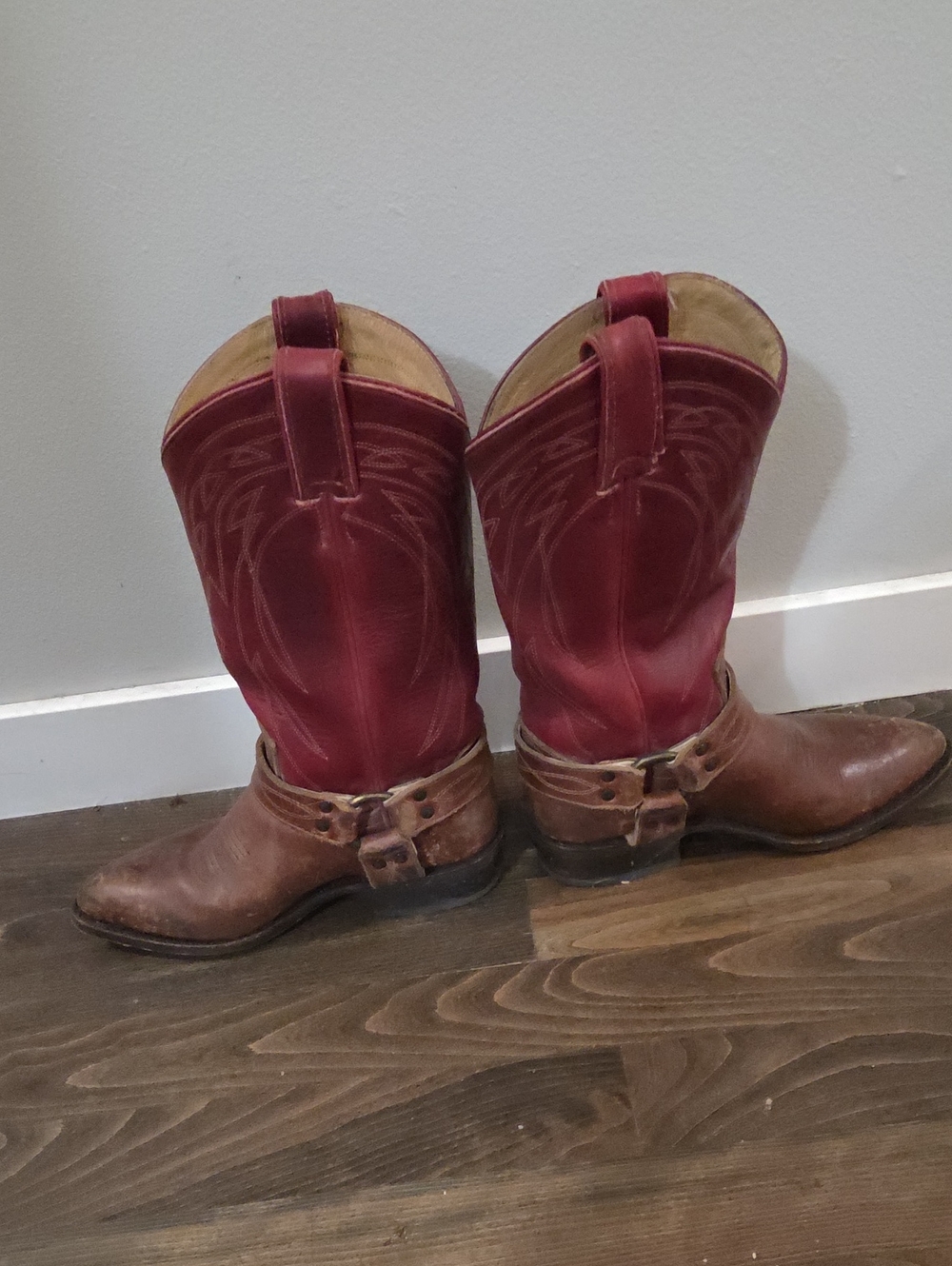 Frye Red and Brown Leather Western Harness Boots